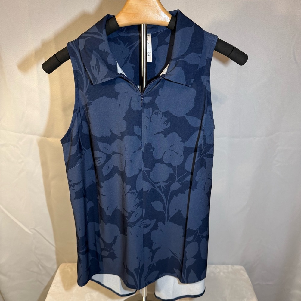 SPANX Navy Floral Sleeveless Quarter Zip Collared Stretch Blouse Womens S